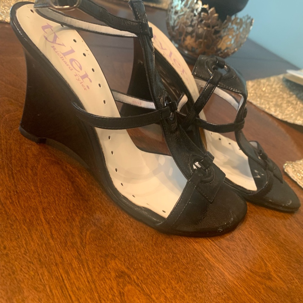 Richard Tyler Couture Black Wedge Sandals with Criss-Cross Straps